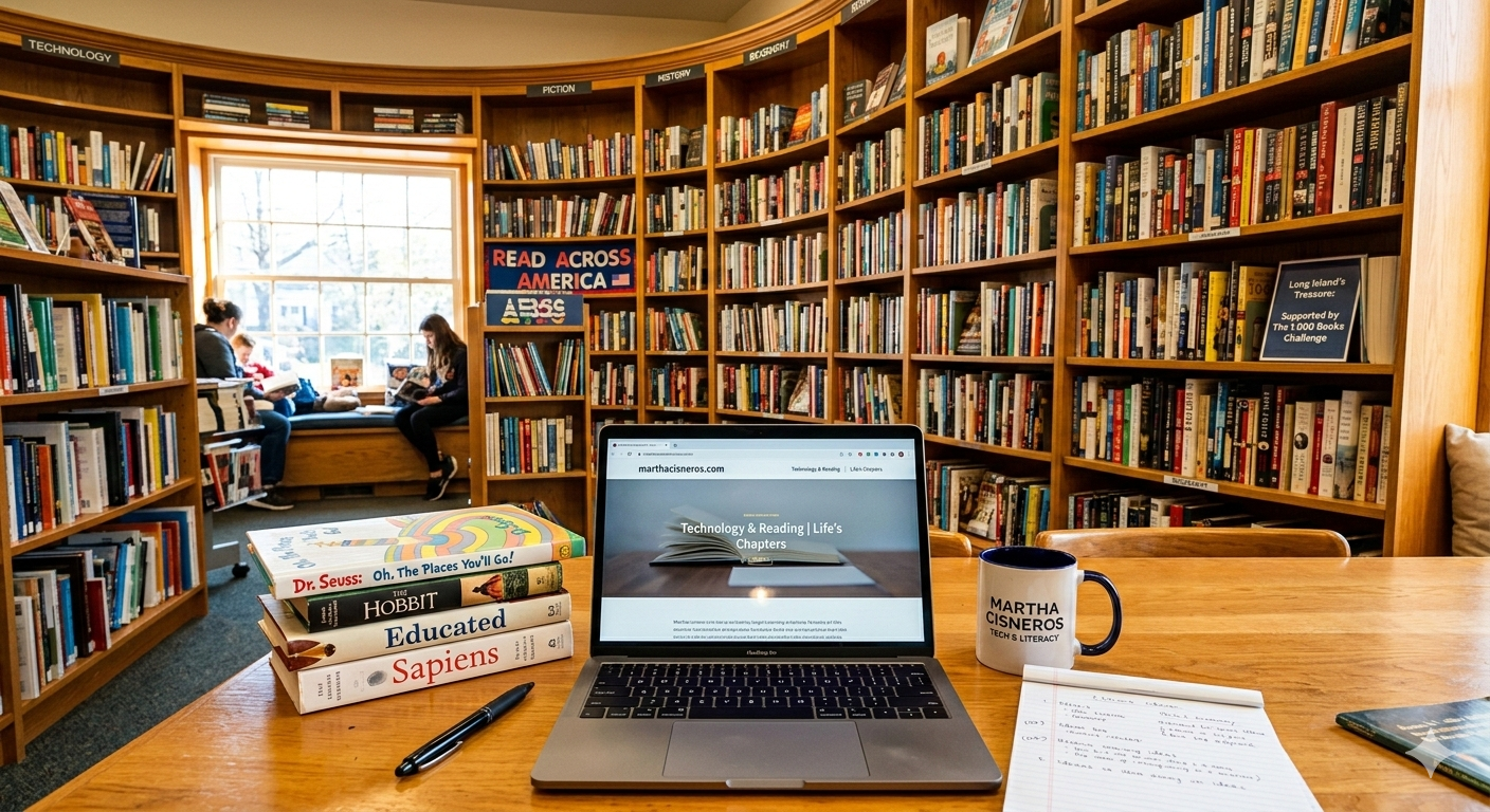 A professional workspace in a sunlit Long Island library featuring a laptop open to marthacisneros.com, a stack of books including Dr. Seuss, and a 'Martha Cisneros' mug.