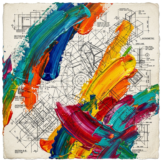 Colorful abstract paint strokes layered on architectural blueprints.