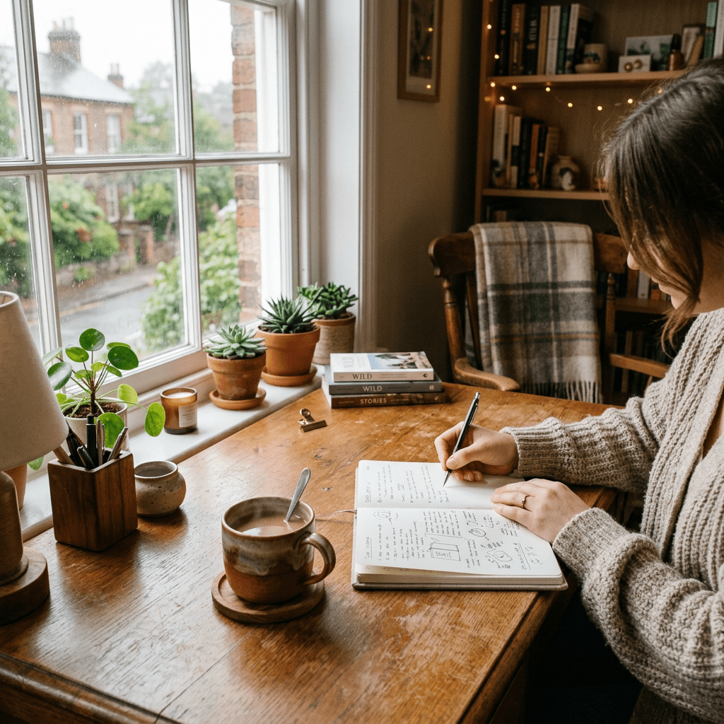 Person writing notes in a notebook at a wooden desk with plants and a cup of coffee near a window