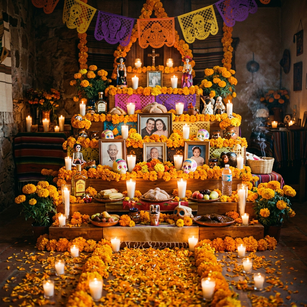 Día de Muertos altar with marigold flowers, candles, photos, and traditional offerings