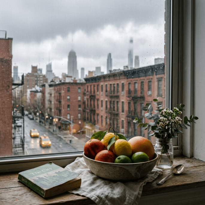 Bowl of citrus fruits, book, and small flower vase on windowsill with rainy cityscape outside